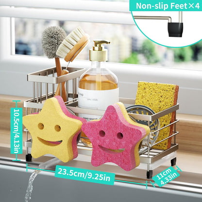 HapiRm Sponge Holder for Kitchen Sink - Self-draining Sink Caddy with Brush and Dishcloth Holders, Stainless Steel Kitchen Countertop Organizers and Storage Essentials - Black