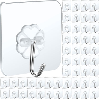 30 Packs Large Adhesive Wall Hooks, Heavy Duty Hold 44lb(Max) Wall Hooks for Hanging, Transparent Waterproof Rustproof Sticky Hooks for Kitchen Bathroom Home Office
