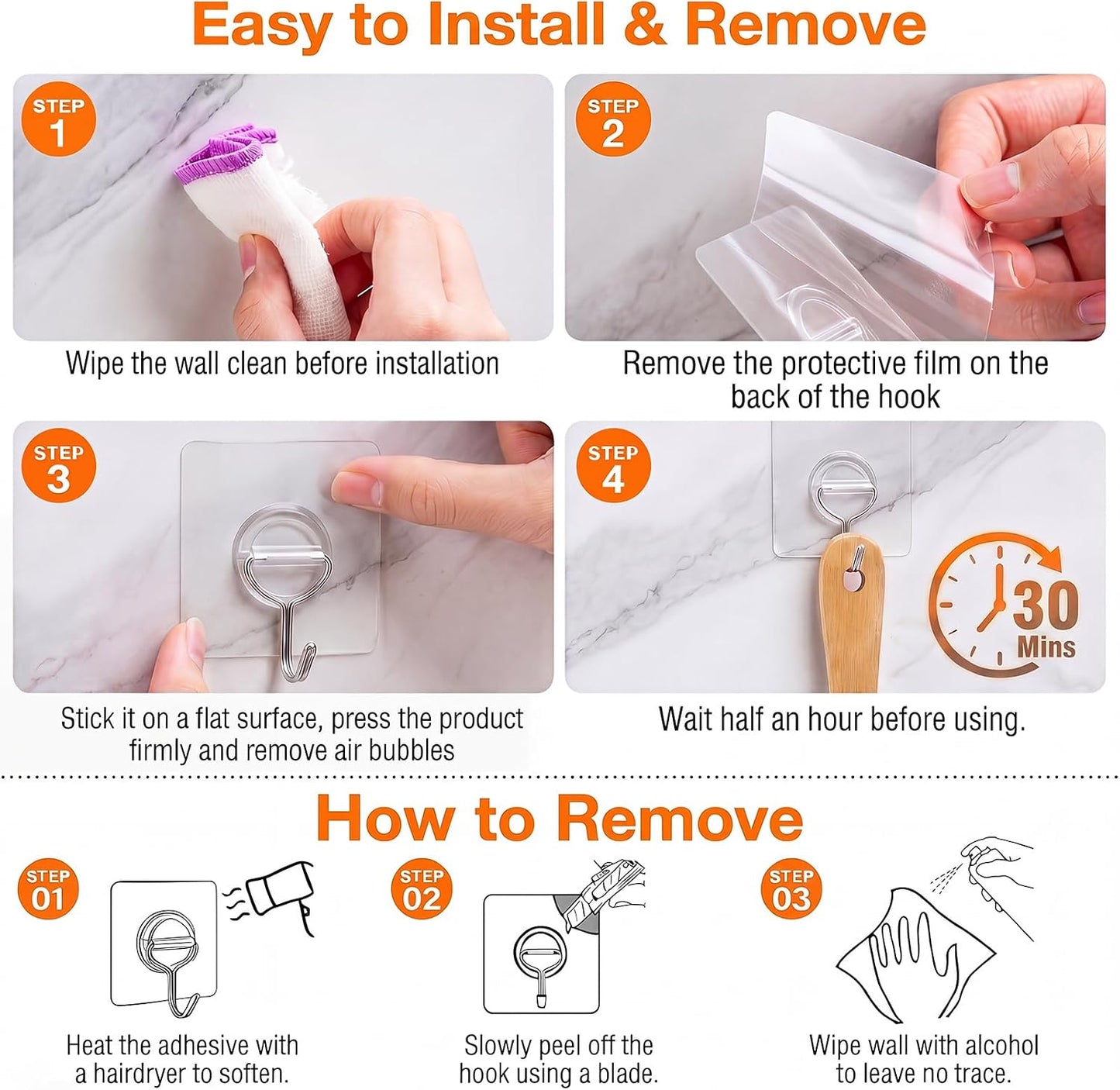 Adhesive Wall Hooks for Hanging Heavy Duty 33lb(Max), Waterproof and Rustproof Transparent Self Adhesive Hooks for Bathroom Kitchen Outdoor and Home Improvement -24 Pack