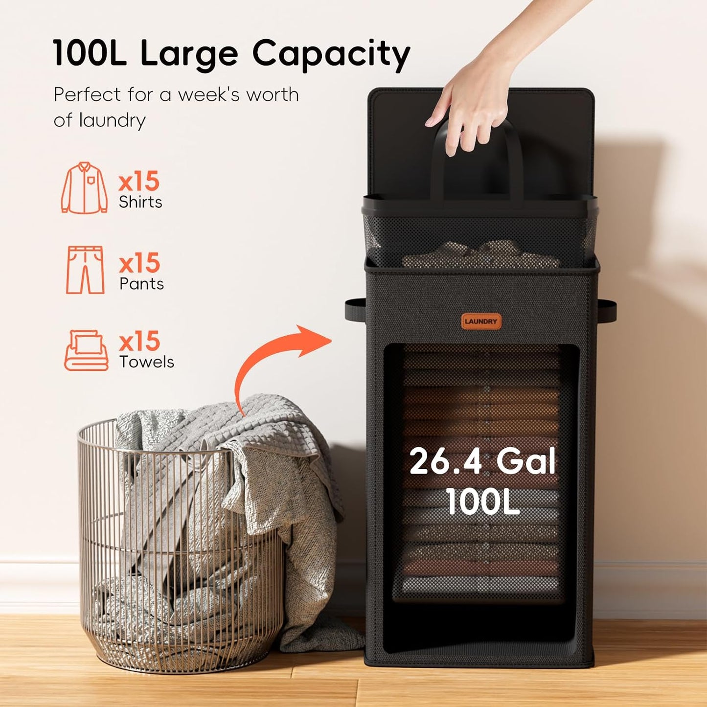 185L Laundry Hamper 3 Section, Laundry Hamper with Lid, Dirty Clothes Hamper with 3 Removable Washing Bags, Extra Large Laundry Basket Organizer for Bedroom, Laundry Room, Dorm - Black