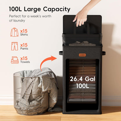 185L Laundry Hamper 3 Section, Laundry Hamper with Lid, Dirty Clothes Hamper with 3 Removable Washing Bags, Extra Large Laundry Basket Organizer for Bedroom, Laundry Room, Dorm - Black