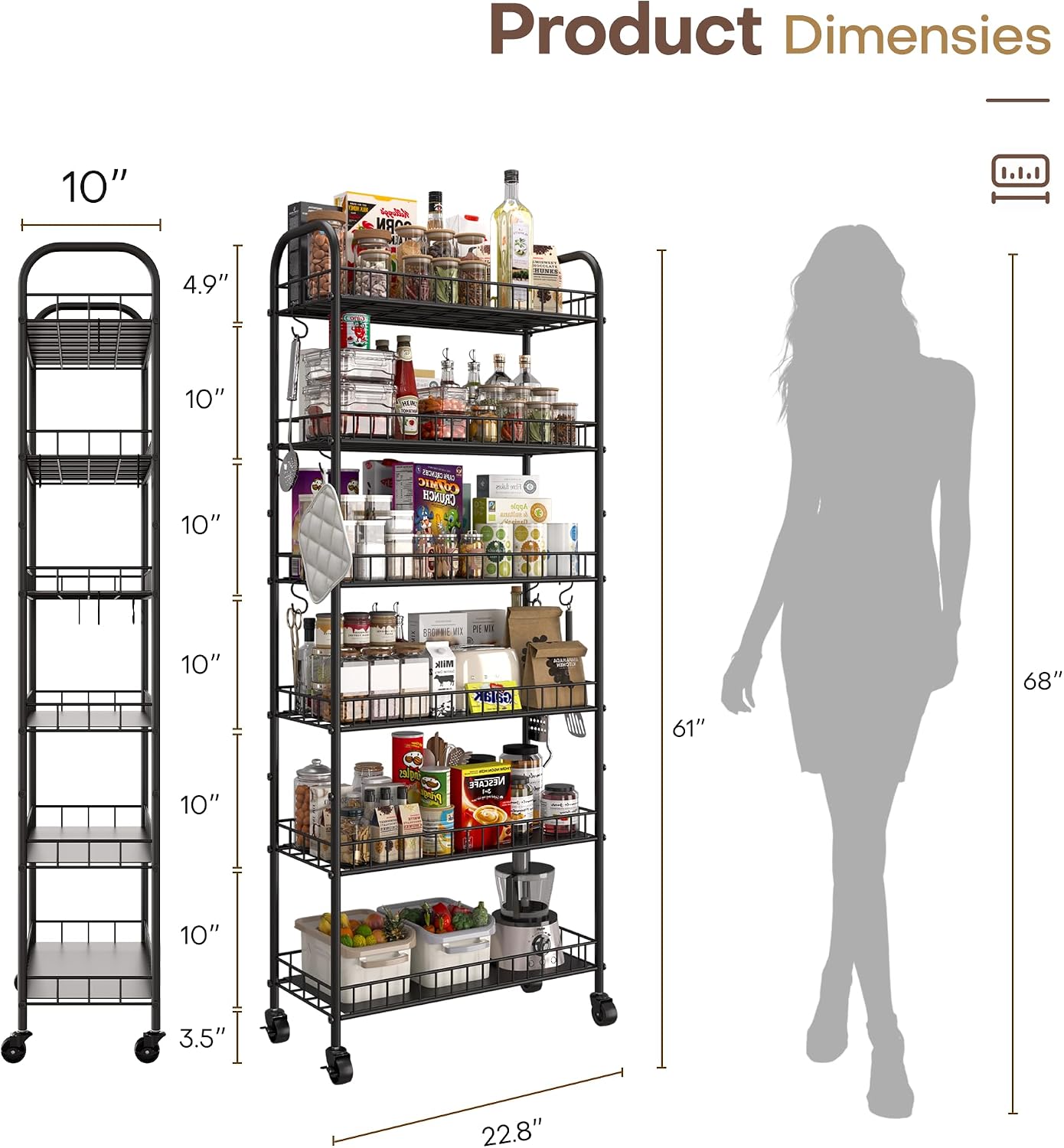 Slim Rolling Storage Cart with Wheels, Metal 6 Tier Spice Rack Mobile Shelving Unit Organizer Kitchen Utility Cart for Office Bathroom Kitchen Laundry Room Narrow Places (6inches)