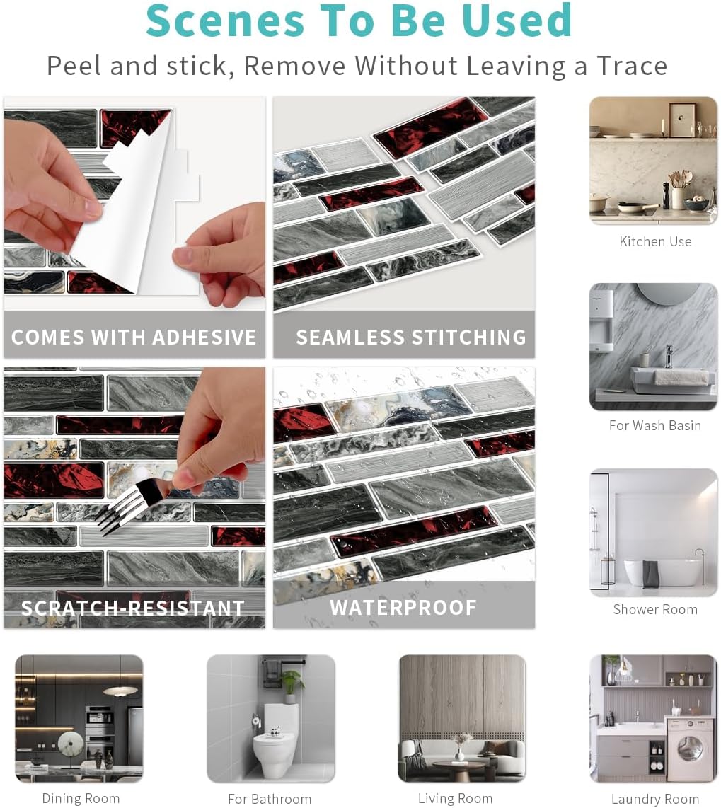 36 Sheets of Self Adhesive Marble Tile Wall Tiles Vinyl Sticker | 9.68 x 4.72in Water Resistant, Easy to Stick and Peel off, Suitable for DIY Decoration on Ceilings and Walls (Black)