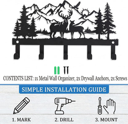 Deer Mountain Metal Key Holder Wall Mount Key Holder for Wall Rustic Cabin Decor Key Rack Hooks Hanger Woodland Wildlife Wall Art Entryway Organizer Housewarming Hunting Gifts
