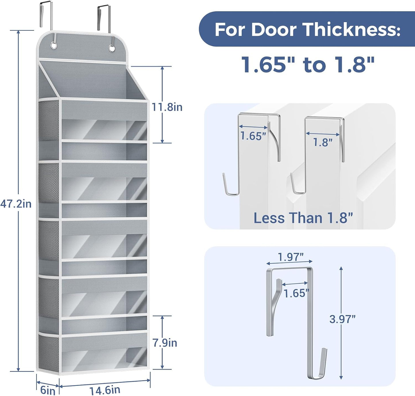 COOLBEBE 2-Pack over the Door Organizer, 5-Tier Hanging Storage with Clear Windows & Mesh Side Pockets, Heavy-Duty Nursery Closet Organizer for Baby Essentials, Bathroom, Bedroom, Grey