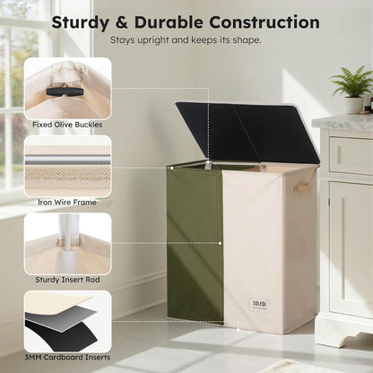 SOLEDI Luxury Double Laundry Hamper with Lid and Removable Bags, 38.3 Gal Large Laundry Bin, Laundry Basket 2 Sections, Collapsible Clothes Hamper for Bedroom, Laundry Room, Bathroom, Off-white