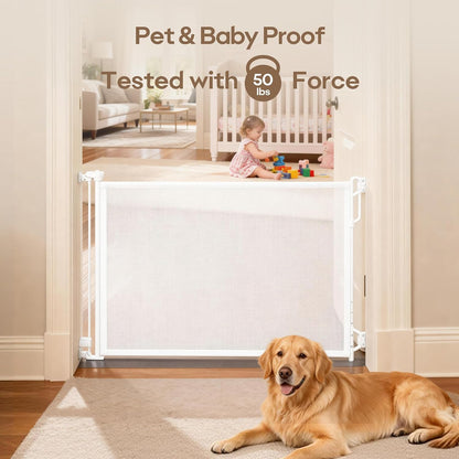 SPACEANY Retractable Safety Baby Gate or Mesh Dog Gate,Durable Portable Mesh Retractable Gate,Easy to Use for Stairs, Doorways, Hallways, Indoor, Outdoor, 33.5" Tall, Up to 45" Wide, Cream