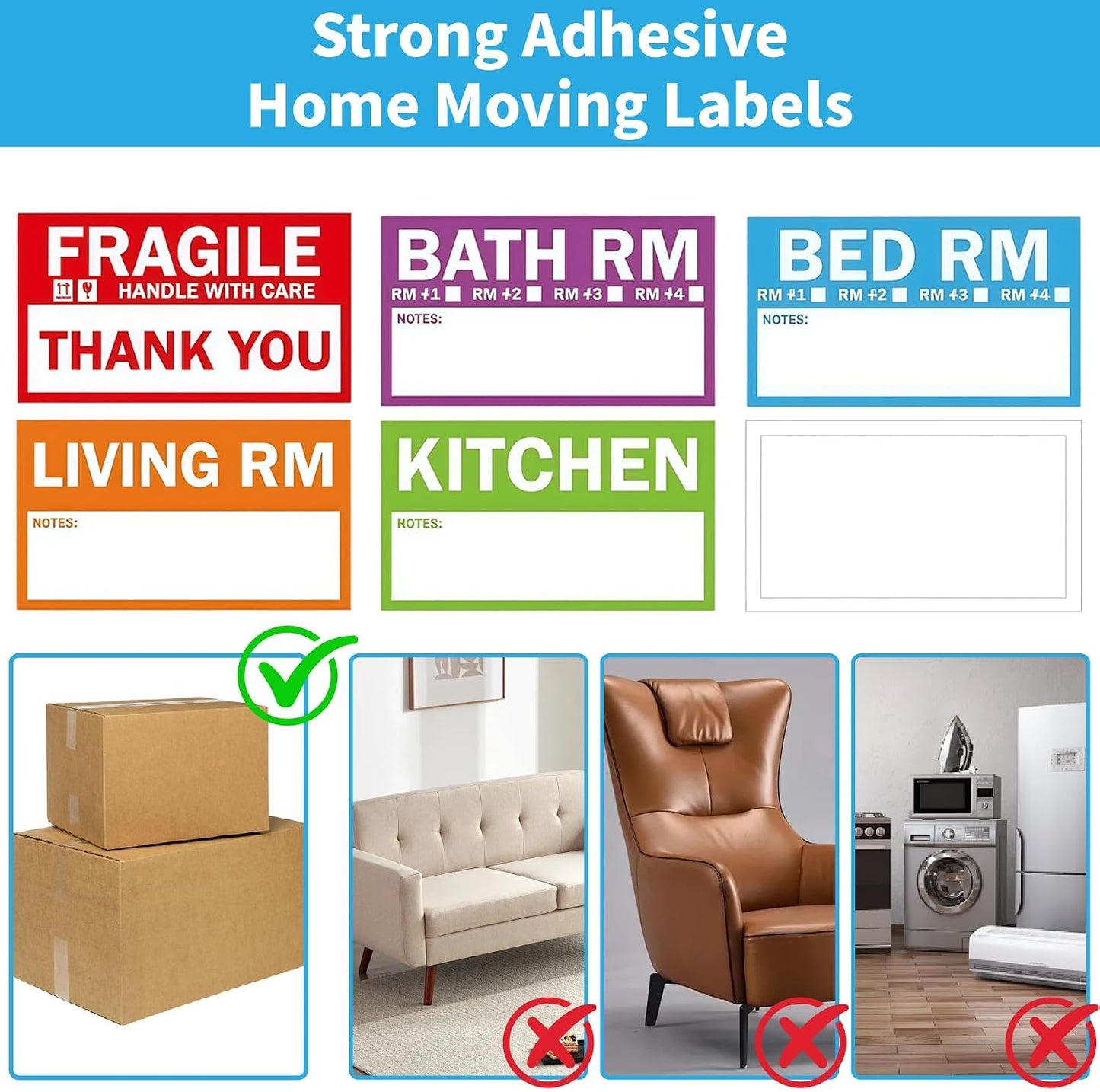 300PCS Home Moving Labels-3.6 x 2 inches,5 Color Coded Packing Box Stickers with 50 Fragile Stickers & 50 Blank Labels for Home Organization Moving Supplies Storage Bins