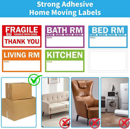 300PCS Home Moving Labels-3.6 x 2 inches,5 Color Coded Packing Box Stickers with 50 Fragile Stickers & 50 Blank Labels for Home Organization Moving Supplies Storage Bins