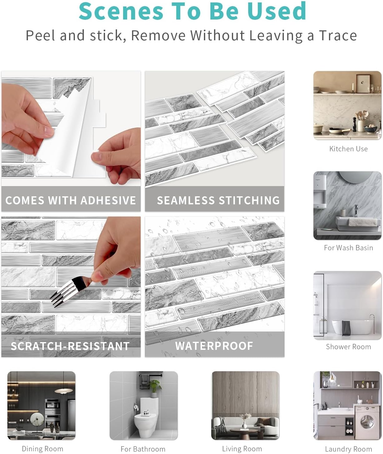 Heikki Peel-and-Stick Self-Adhesive Wall Tiles, 4.7×9.7-inch Kitchen & Bathroom Splashback Tiles, Marble Pattern Design (48-Piece Set) (Black-Gray)