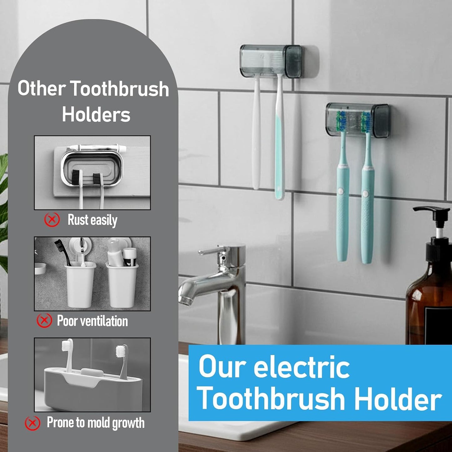 2 Pcs Toothbrush Holders Wall Mounted, Tooth Brush Holder with Cover, Electric Tooth Brushing Holder for Bathroom, 2 Slots Toothbrush Storage Organizer Suitable for Cabinet, Family, Travel