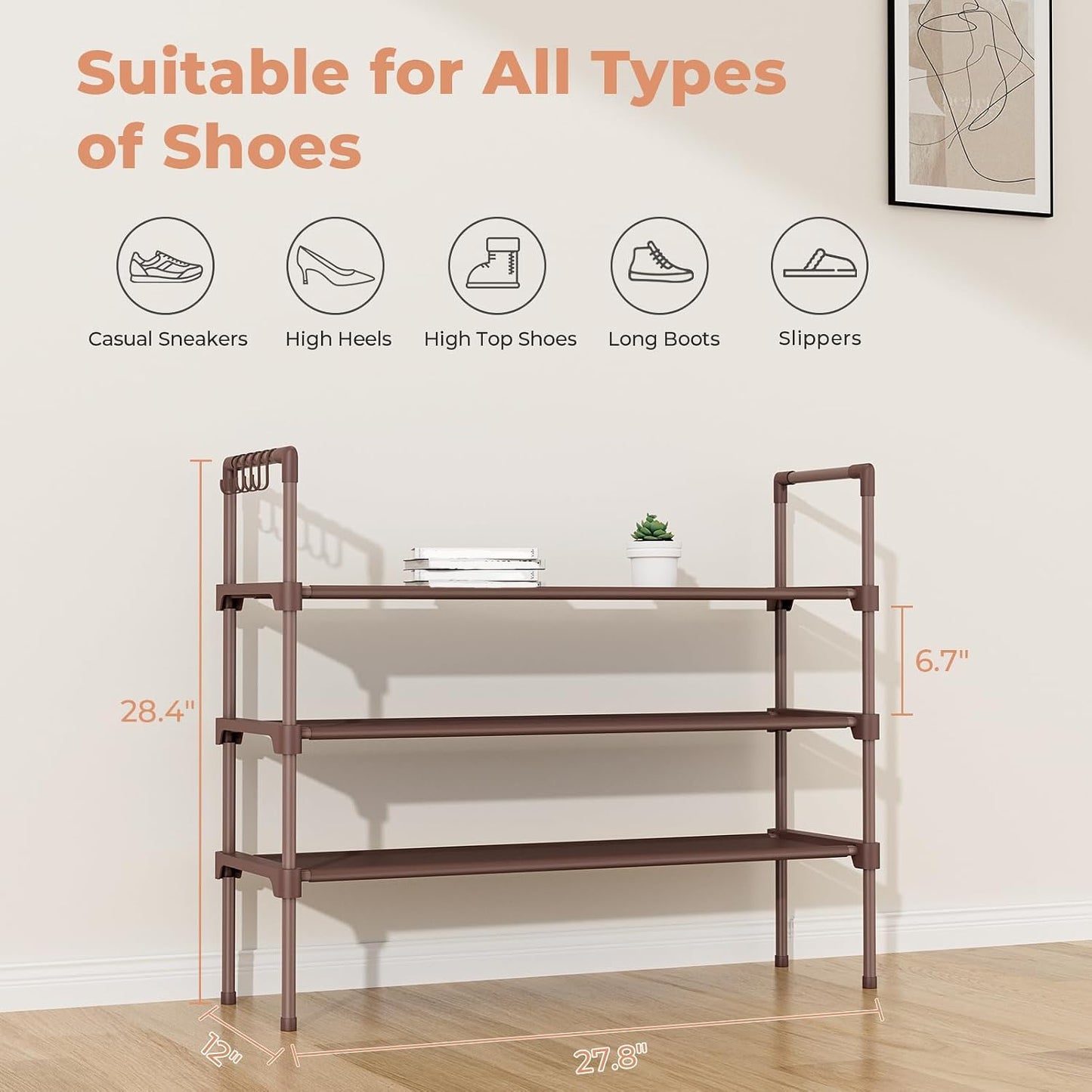 LANTEFUL 3 Tier Shoe Rack for Closet, Shoe Organizer with 5 Hooks, Long Shoe Shelf Storage for Sneaker and Boot Stackable Free Standing Shoe Rack for Entryway, Garage, Small Spaces, Dorm