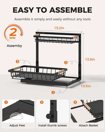 Sevenblue 2-Pack 2-Tier Height Adjustable Under Sink Organizer & Storage | Multi-purpose storage for kitchen & bathroom cabinet. Large black shelf, height adjustable design for space-saving.