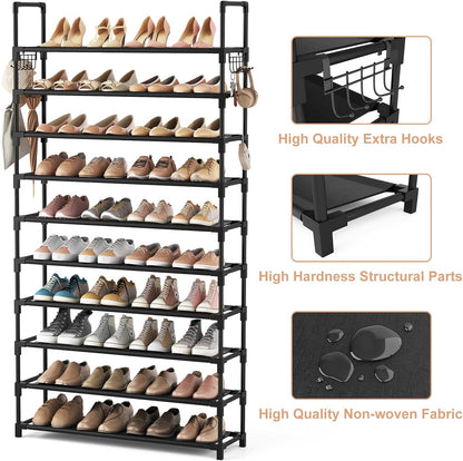 VTRIN 10 Tiers Tall Shoe Rack Holds 20-25 Pairs of Shoes Sturdy Vertical Shoe Organizer with 18pcs Hooks Stackable Narrow Shoe Rack for Closet, Entryway Black