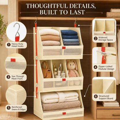 Fabric 4 Tier Hanging Closet Organizers Heavy Duty Shelf Hanging Storage Towel Clothes Sweater Jeans Bag Organizer For Closet For Bedroom,Dorm,RV,See Through Front Panel, Space-Saving (Beige-4Tier)