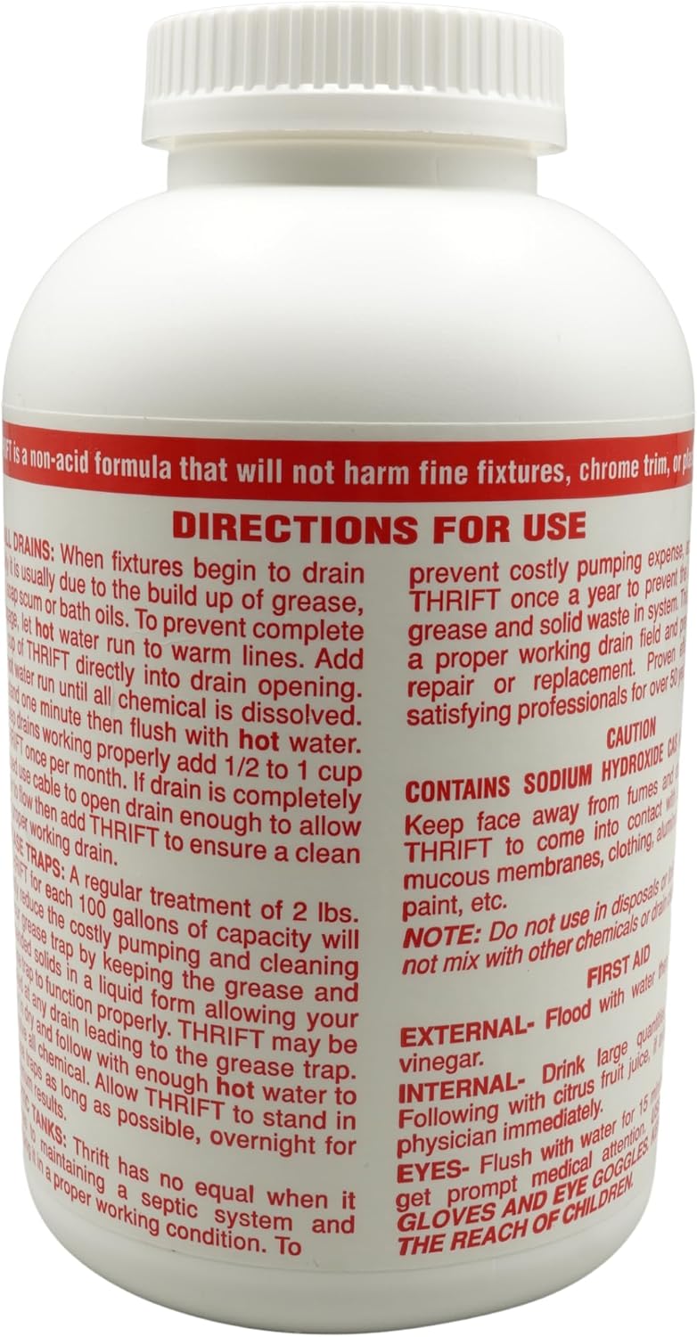 Thrift T-200 Drain Cleaner – 2 lb Odorless Drain Opener – Activated by Hot Water – For Small Drains, Grease Traps & Septic Systems