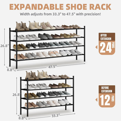 STORAGE MANIAC Long Expandable Shoe Rack, 18 Pairs Metal Wide Stackable Shoe Rack, Adjustable Shoes Shelf, Freestanding Shoes Organizer for Closet, Entryway, Hallway, Garage, Front Door, 3 Tiers