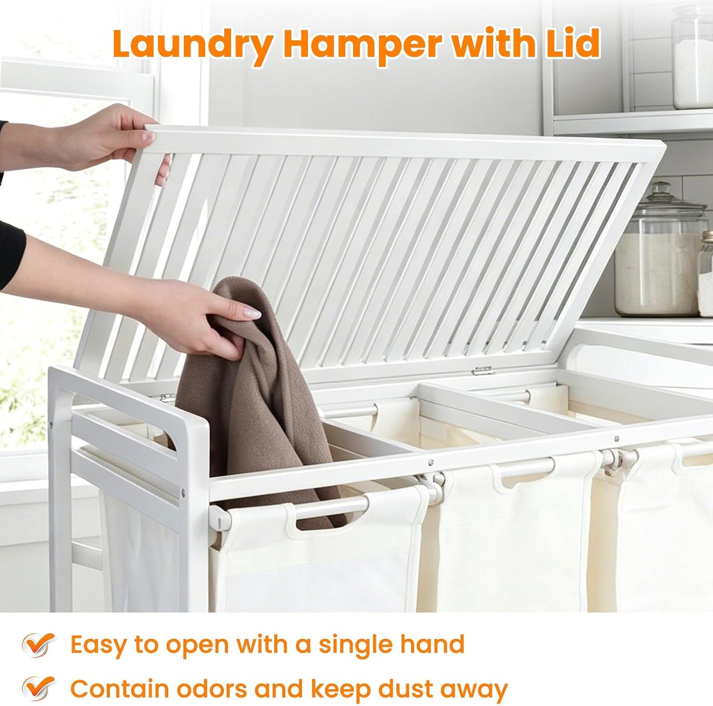 Bamboo Laundry Hamper 3 Section with Lid, 150L Laundry Sorter with Lockable Wheels, Pull-Out Removable Washable Bags, 3 × 12.5 Gal Divided Laundry Baskets for Laundry Room, Bathroom (White)