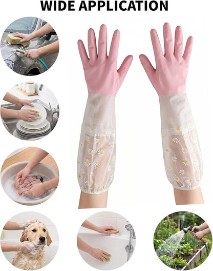 3PCS Dishwashing Cleaning Gloves + 3PCS Wire Dish Rags Set - Long Cuff Reusable Rubber Gloves & Non-Scratch for Kitchen, Cleaning, Gardening - Waterproof, Tear-Resistant
