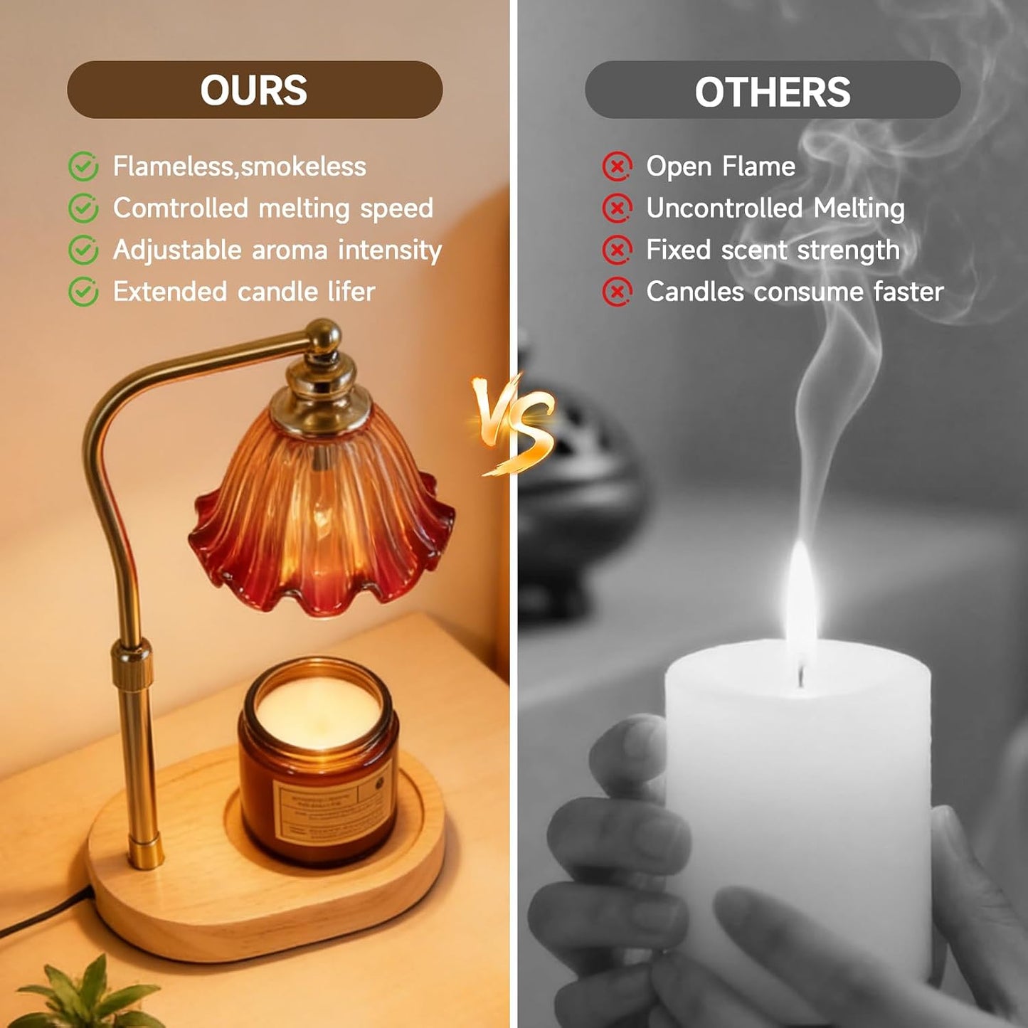 Candle Warmer Lamp with Timer, Dimmer, Vintage Glass Shade | Adjustable height, 2/4/8-hour timer, wood base, 2 bulbs included