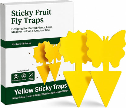 Fruit Fly Sticky Traps for Indoor & Outdoor, 48 Pack, Fungus Gnat Killer for Houseplants, Mosquitoes, Flying Insects & Whiteflies