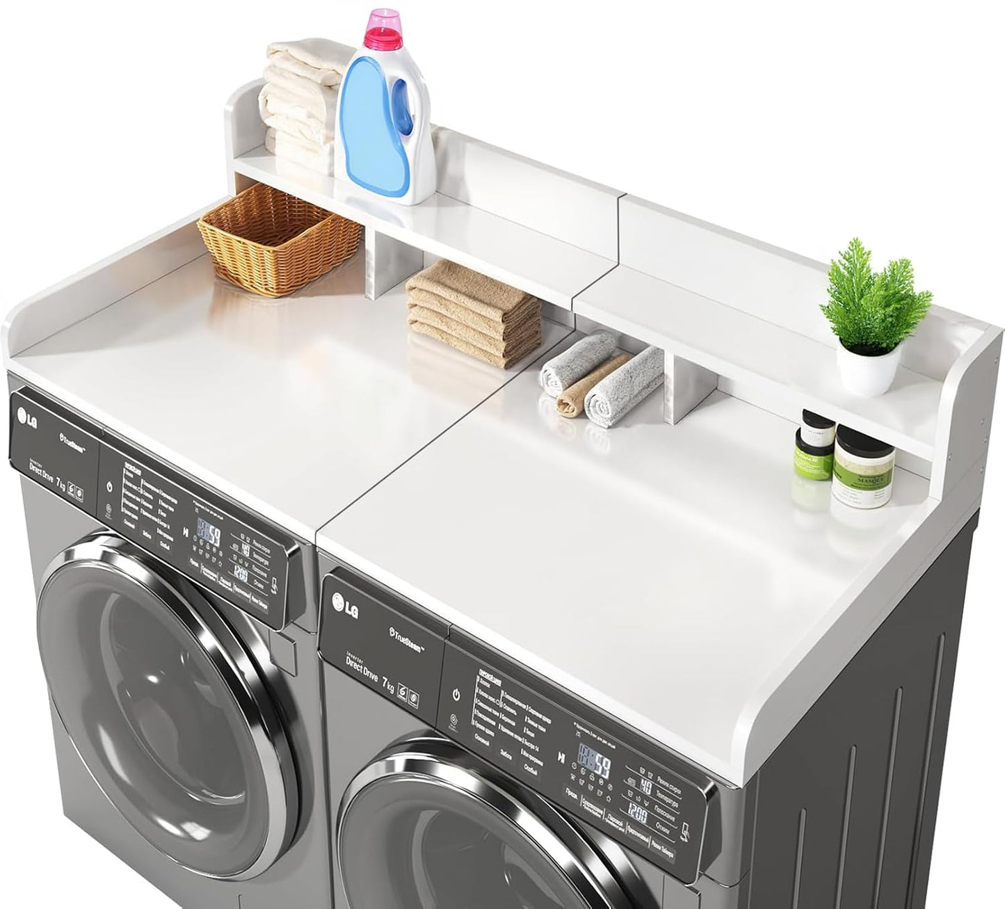 54" 2 Tier Washer Dryer Countertop with Storage Shelf, Waterproof MDF Laundry Room Organizer, Folding Station, Mechanically Joined Two-Panel Countertop (Walnut Brown)