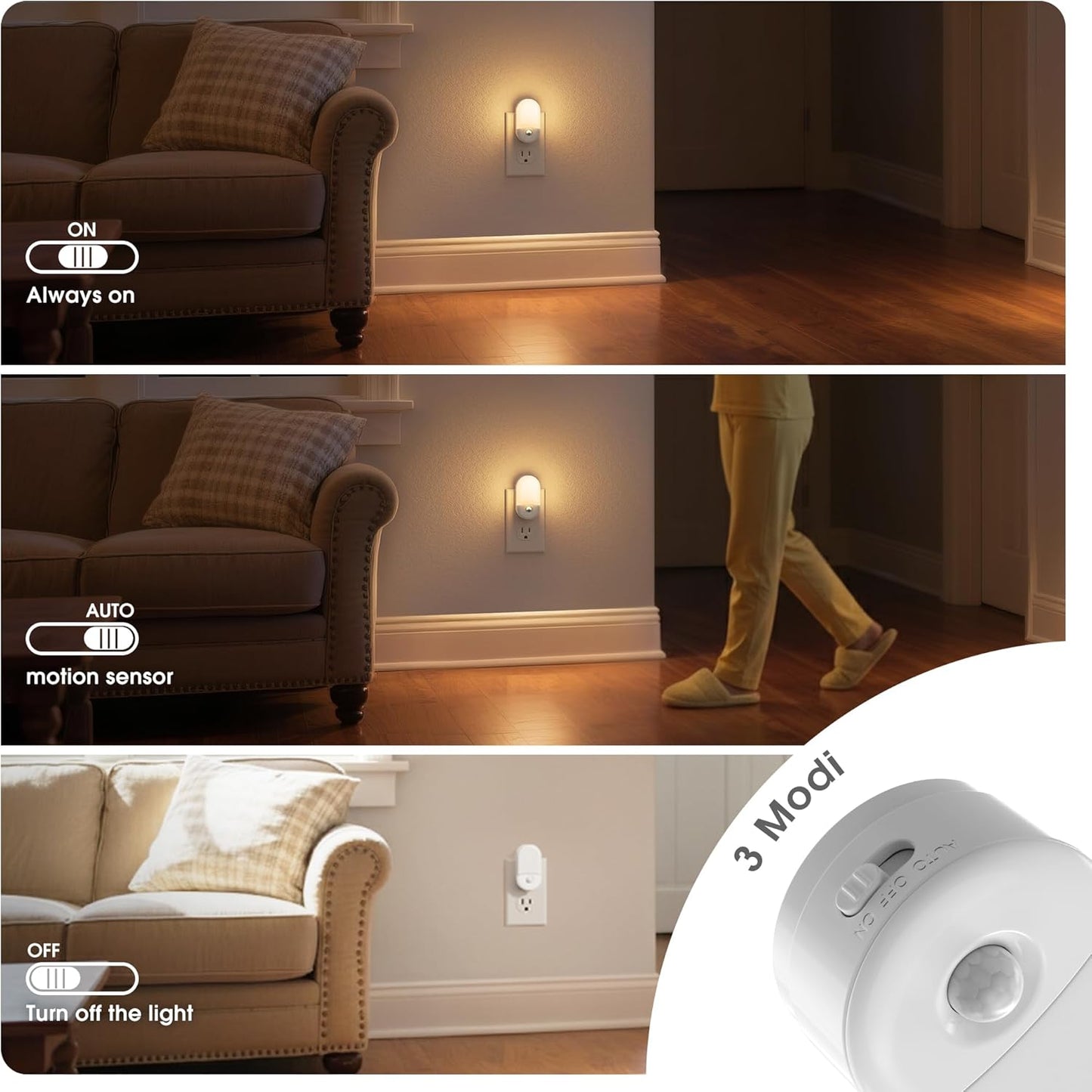JandCase Motion Sensor Night Light, 2 Pack Motion Activated Night-Lights, 3000K Warm White LED Night Lights Plug into Wall, 30/60LM Adjustable Brightness, for Kids Adults Bathroom Bedroom