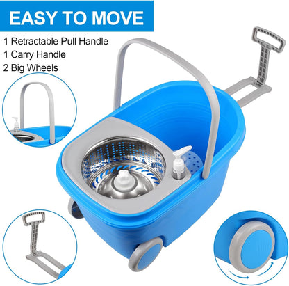 Spin Mop and Bucket with Wringer Set on Wheels, 360 Spinning Mop with Stainless Steel Handle for All Hard Surfaces, Floor Cleaning System with 3 Microfiber Replacement Heads, Black/Red