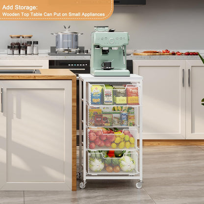 4 Tier Kitchen Rolling Cart, Kitchen Storage Cart with Wheels, Adjust Pantry Organizer and Storage Cart with Drawer, Fruit Vegetable Spice Storage Cart, Wooden Top Metal Kitchen Organizer Rack Stand