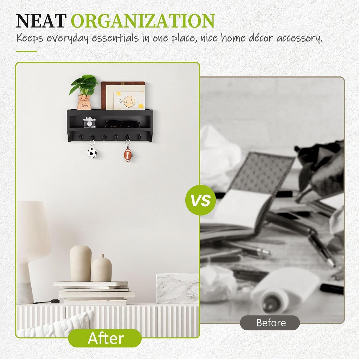 Nekon Key Holder Wall Mount, 12.8" W x 5.6" H x 3.7" D Wall Mounted Key and Mail Organizer with 6 Key Hooks, Key Racks for Home Entryway Decor (White)