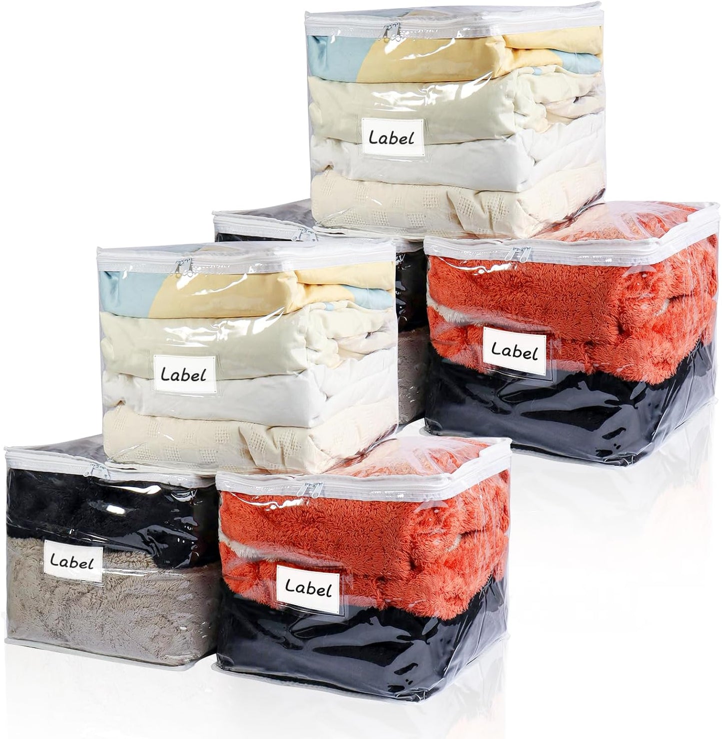 Clear Zippered Storage Bags Plastic Sweater Storage Bags with Zipper 6 Packs Clothing Organizer for Blankets Linen Sweater Bed Sheet Quilt Clothes Pillow (15.7 x 13.8 x 3.9 Inch, White)