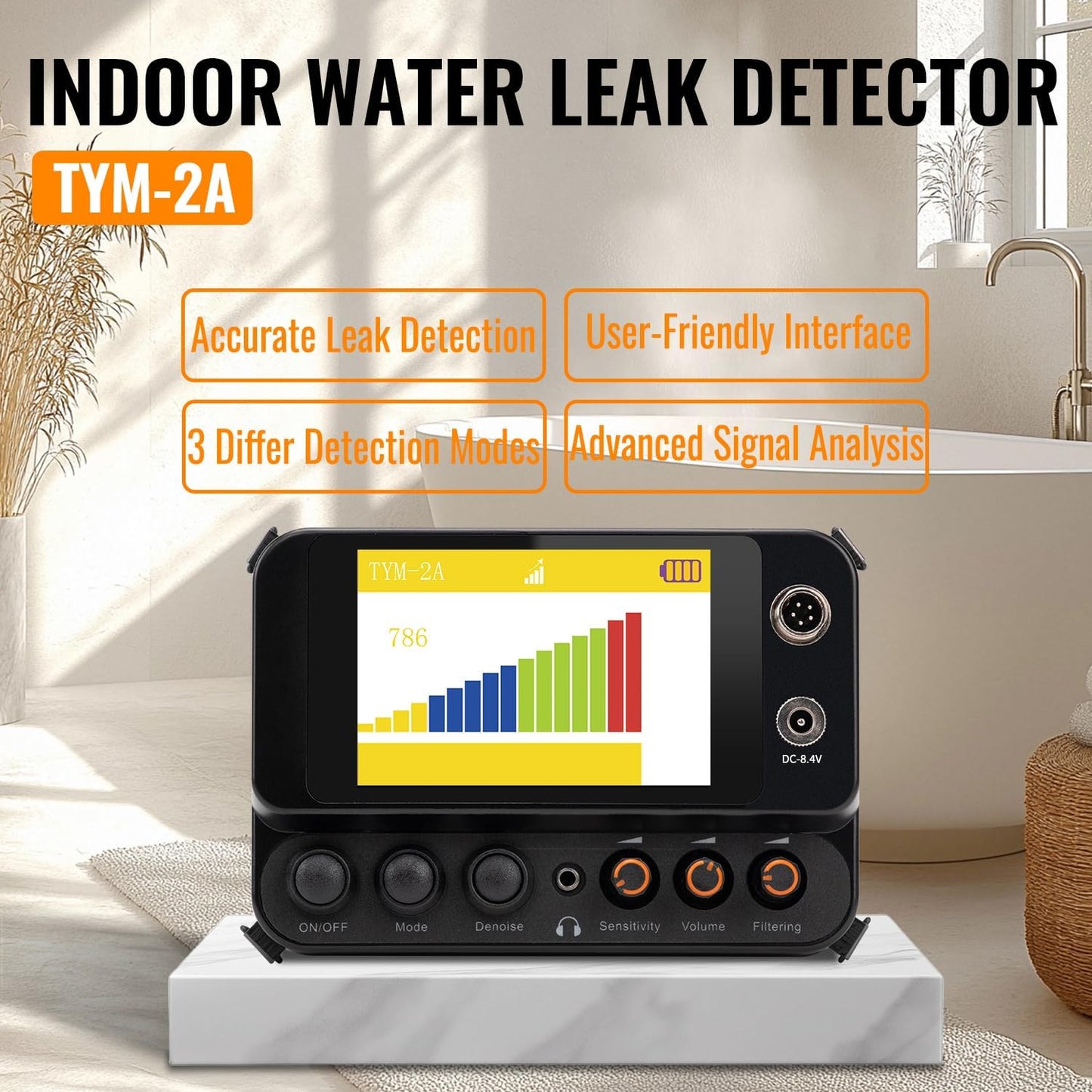 Al Water Leak Detector, Indoor Wall/Ground Under Slab Pipe Leak - TYM-3A | 2 Sensors, 0.5m/1.64ft, 100Hz-8000Hz, 15 Hours