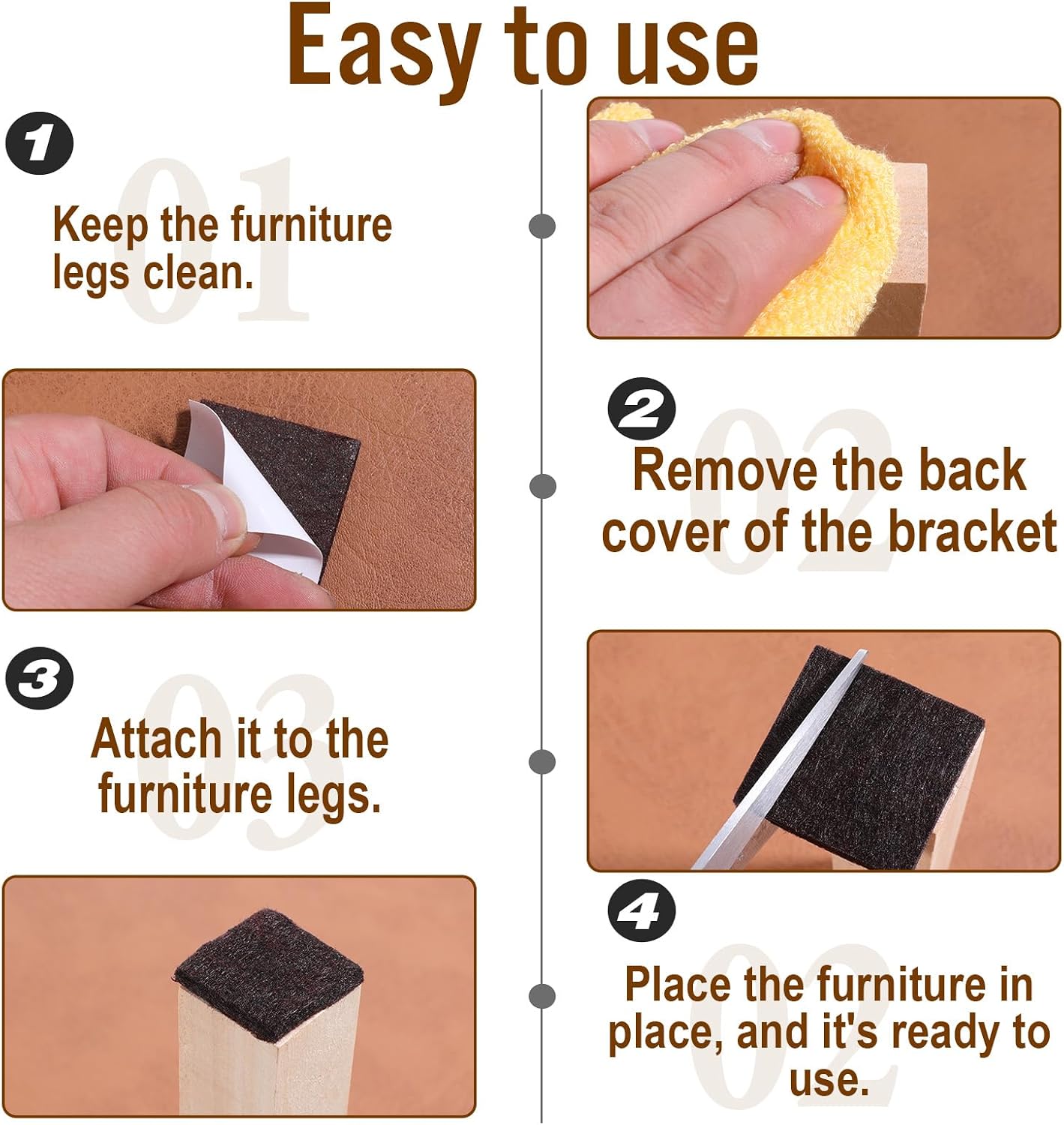 16 PCS 1.5 Inch Square Felt Furniture Pads, Square Felt Pads for Chair Legs Self Adhesive Cuttable Chair Leg Floor Protectors Anti Scratch Floor Protectors for Hardwood Floors, Brown