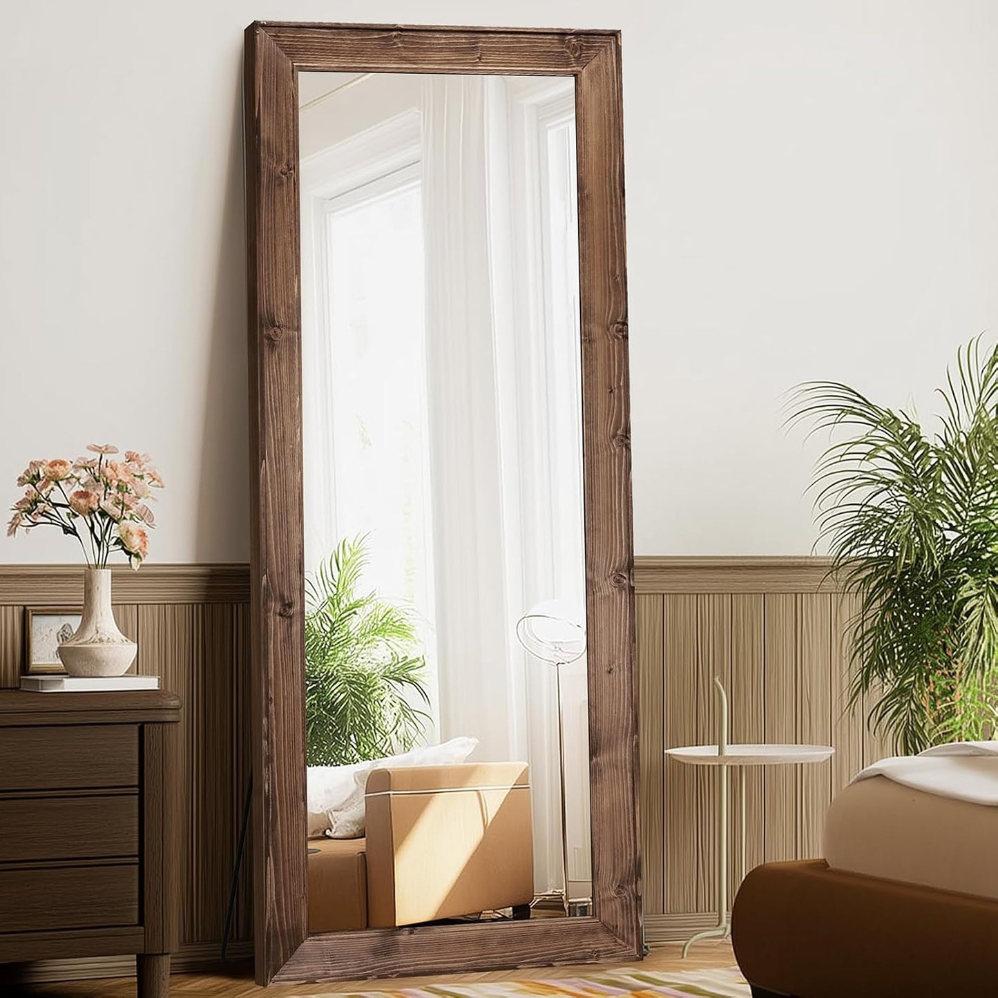 Solid Wood Full Length Mirror - 65"x22" Arched Floor Mirror, Free Standing & Wall Mounted - Elegant Design for Bedroom, Dressing Room, Hallway, Brown