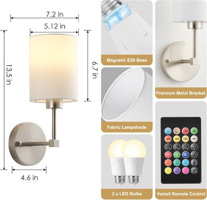 Battery Operated Wall Sconces Set of Two,Wireless Rechargeable Wall Light With Remote Control, Dimmable, Amber Light/Warm White/Natural White/Daylight/RGB, Timer,for Living Room,Bedroom,Entryway,Gold