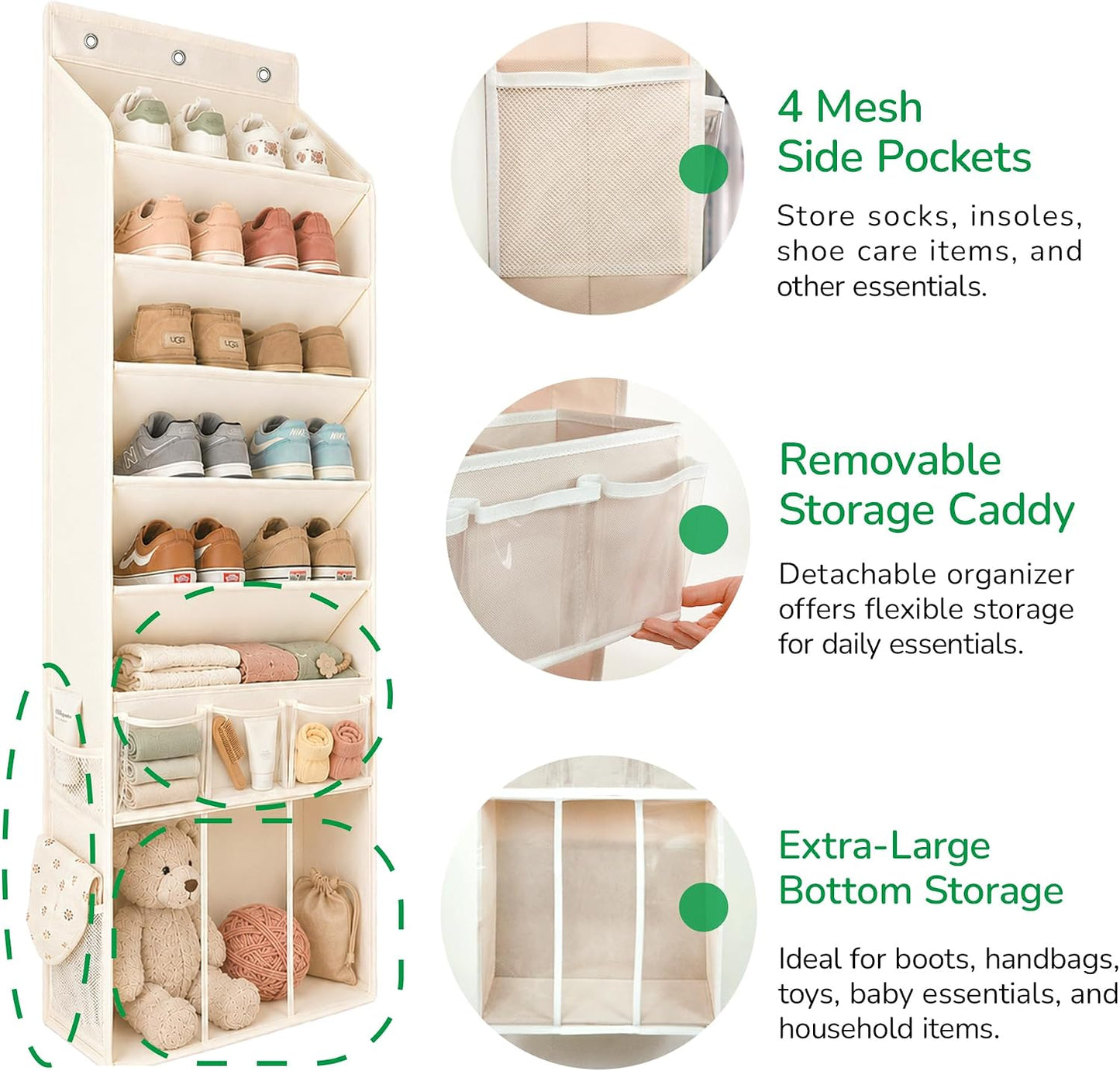3in1 Over The Door Shoe Organizer with 5 Slanted Compartments,Removable Storage Bin & Transparent Pockets,Thickened Waterproof Oxford Fabric Shoes Rack for Shoes,Boots,Toys,Daily Essentials. (Beige)
