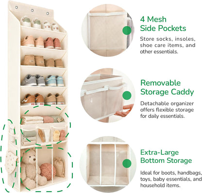 3in1 Over The Door Shoe Organizer with 5 Slanted Compartments,Removable Storage Bin & Transparent Pockets,Thickened Waterproof Oxford Fabric Shoes Rack for Shoes,Boots,Toys,Daily Essentials. (Beige)