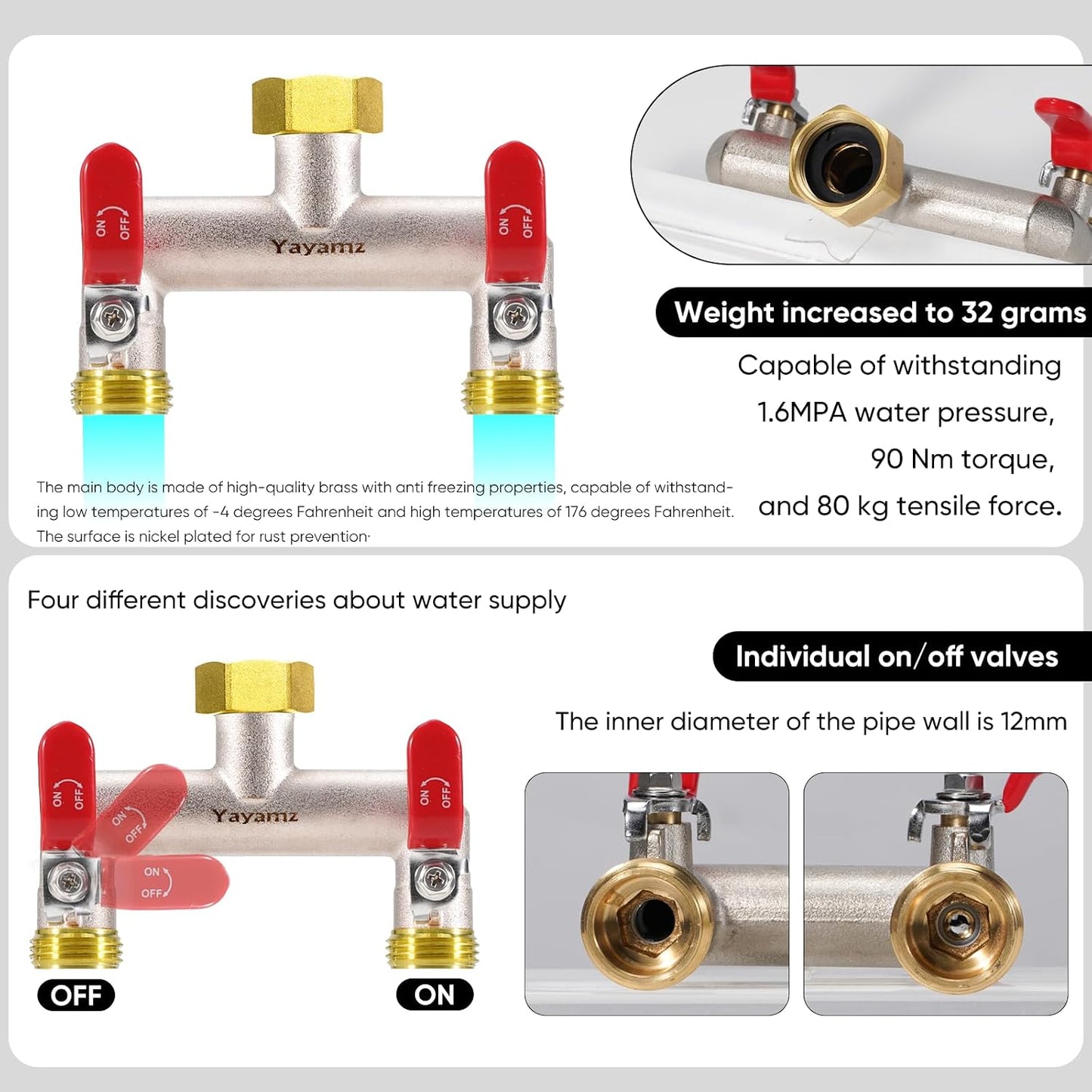Garden Hose Splitter, 3/4” Rust and Freeze Resistant Outdoor Hose Manifold with 2 Red Extra Long Handles Faucet Adapter-Heavy Duty Brass Nickel Plated 2-Way Valve