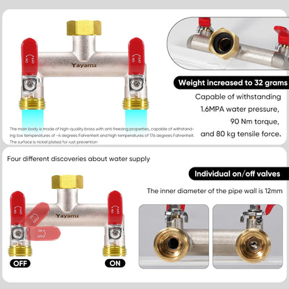 Garden Hose Splitter, 3/4” Rust and Freeze Resistant Outdoor Hose Manifold with 2 Red Extra Long Handles Faucet Adapter-Heavy Duty Brass Nickel Plated 2-Way Valve