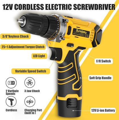 Sundpey Home Tool Kit with Drill - 166-Piece General Basic Home Repair Tool Set with 12V Cordless Power Drill & Battery & Charger & Portable Tool Box for Garden Office House Apartment Repair Men Women