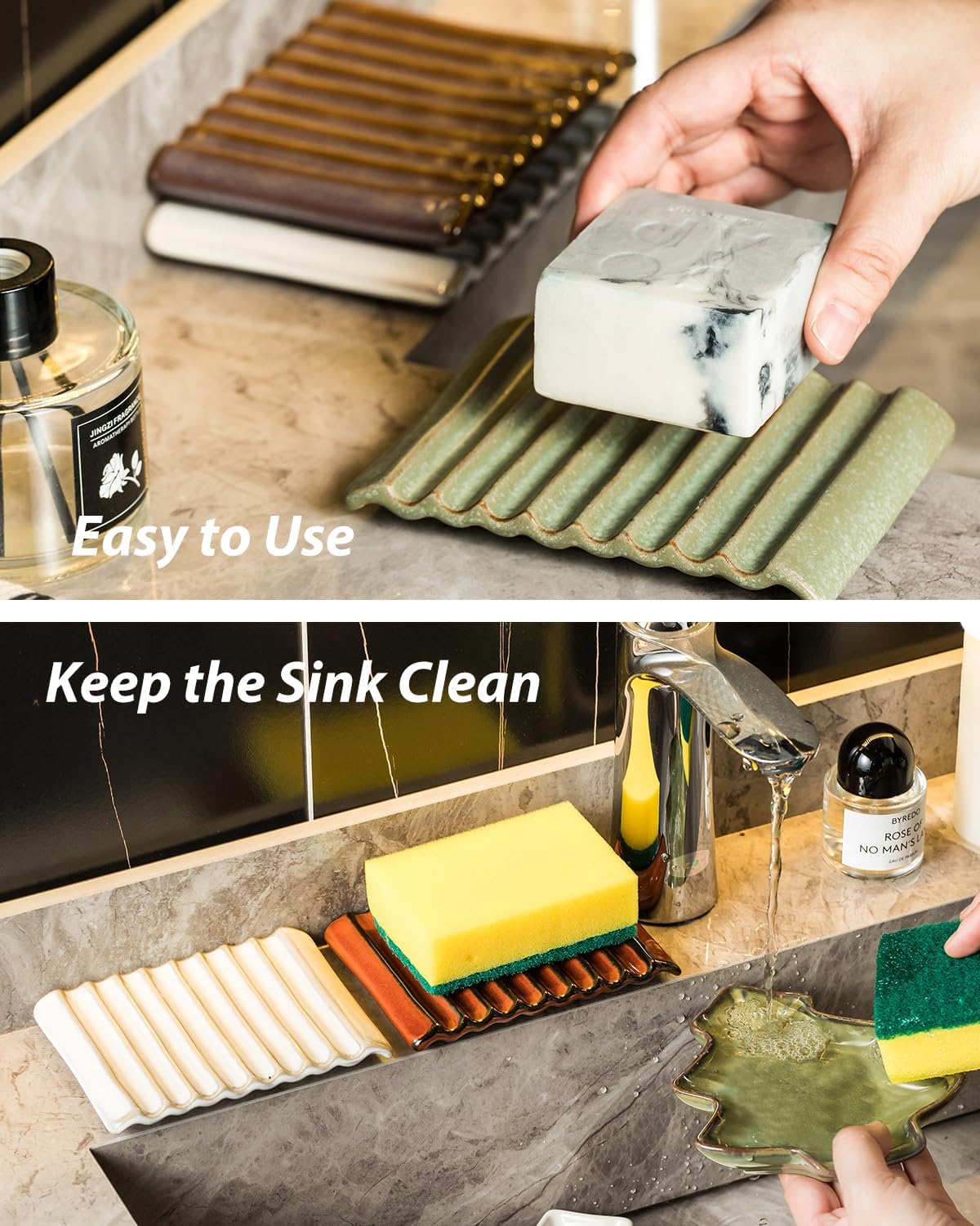 Self Draining Soap Dish, Ceramic Drain Soap Holder Waterfall Design Soap Saver for Shower, Bathroom, Sink, Kitchen and Countertop, Keeps Dry, Green