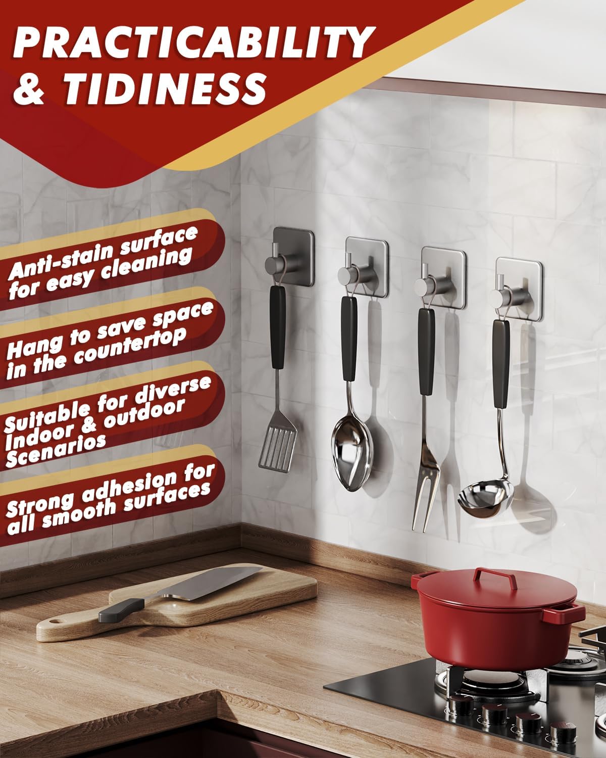 Adhesive Hooks Heavy Duty 30lb(Max) Wall Hooks, 4 Pack Damage Free Stainless Steel Hanger for Hanging Coat, Hat, Towel Robe, Waterproof Oilproof Rustproof Hook for Bathroom Shower Kitchen Office