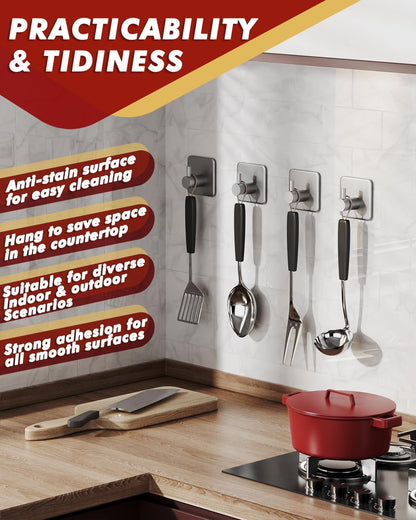 Adhesive Hooks Heavy Duty 30lb(Max) Wall Hooks, 4 Pack Damage Free Stainless Steel Hanger for Hanging Coat, Hat, Towel Robe, Waterproof Oilproof Rustproof Hook for Bathroom Shower Kitchen Office