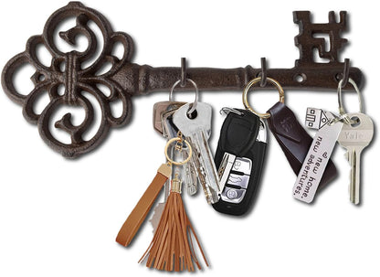 Comfify Brown Cast Iron Skeleton Key Wall Hook – 3 Hooks, 10.8" L | Brown; cast iron; 10.8"L x 2"W x 4.7"H; 3 hooks; KEYS embossed; matching brown screws; farmhouse entryway decor