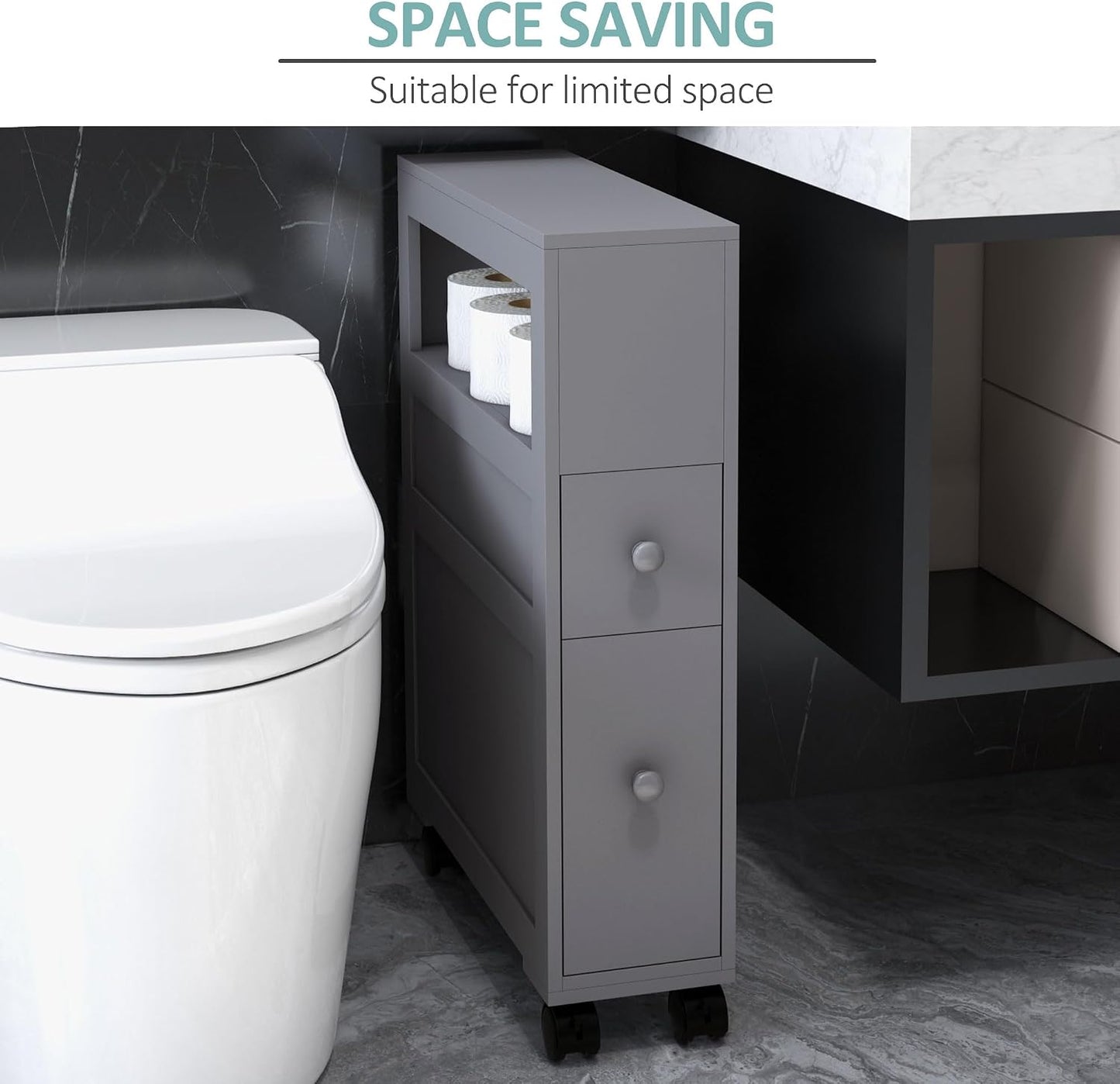 HOMCOM 6.25" x 20.5" x 28.25" Wood Rolling Narrow Bathroom Side Storage Cabinet - Gray