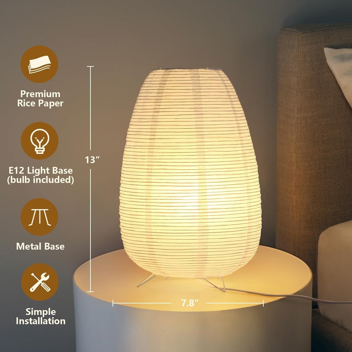 Paper Lantern Lamp, Japanese Paper Table Lamp with 3 Color, Cute Wabi-Sabi Rice Paper Lamp for Desk Bedroom Bedside(Bulb Included)