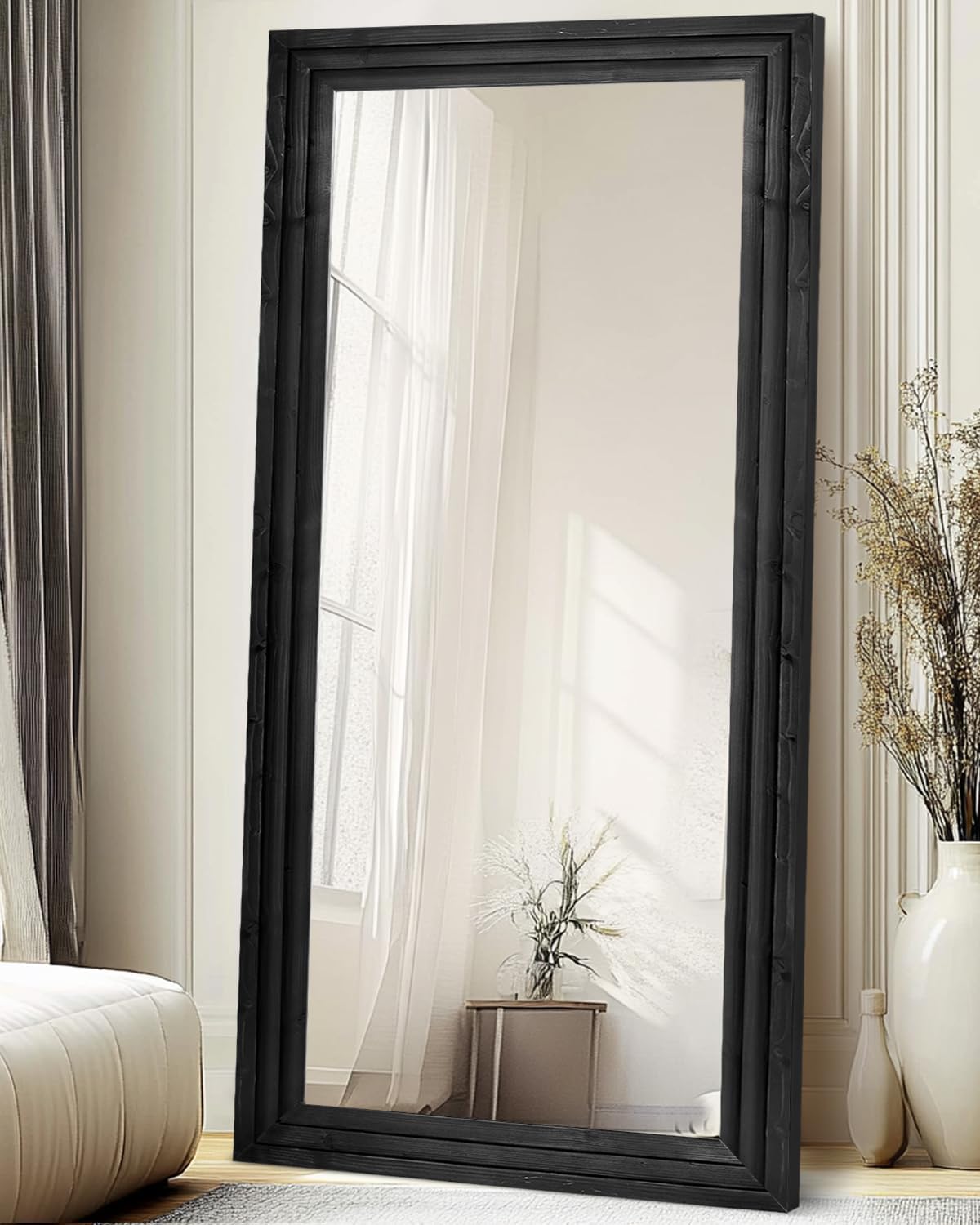 Full Length Mirror 65"x22" with Stand Solid Wood Frame Floor Large Mirror for Living Room, Bedroom Hanging Standing or Leaning Wall-Mounted, New Black