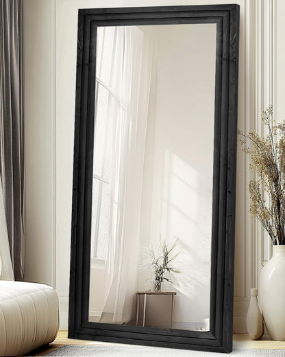 Full Length Mirror 65"x22" with Stand Solid Wood Frame Floor Large Mirror for Living Room, Bedroom Hanging Standing or Leaning Wall-Mounted, New Black