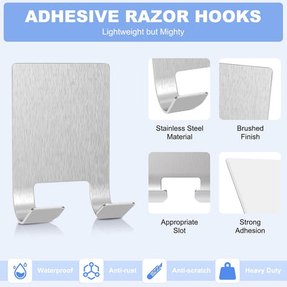 VIS'V Adhesive Razor Holder, Wall Mount Shower Razor Hooks for His and Hers, Metal, Waterproof, White, 2 Pcs
