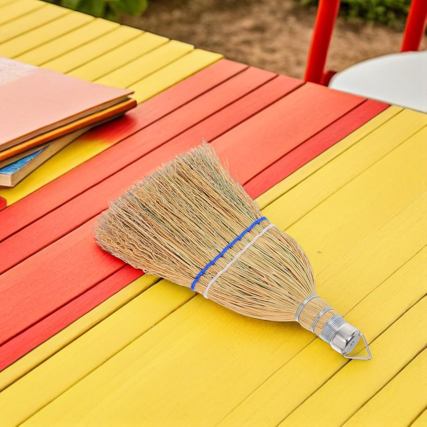 Outdoor Heavy Duty Patio Broom with Hanging Loop, Handheld Leaf and Garage Sweeping Brush for Courtyard and Concrete Cleaning